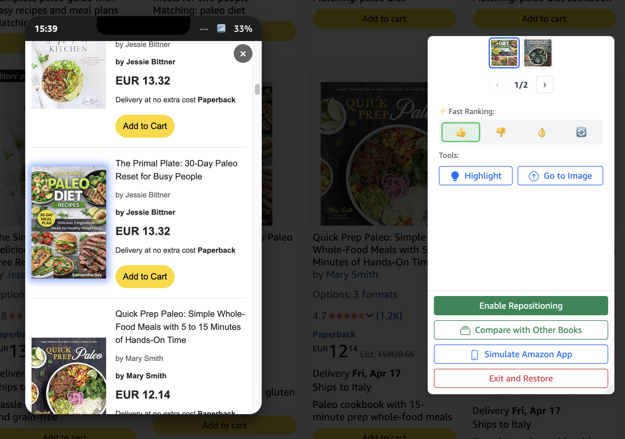 Book cover preview in Amazon mobile app simulator
