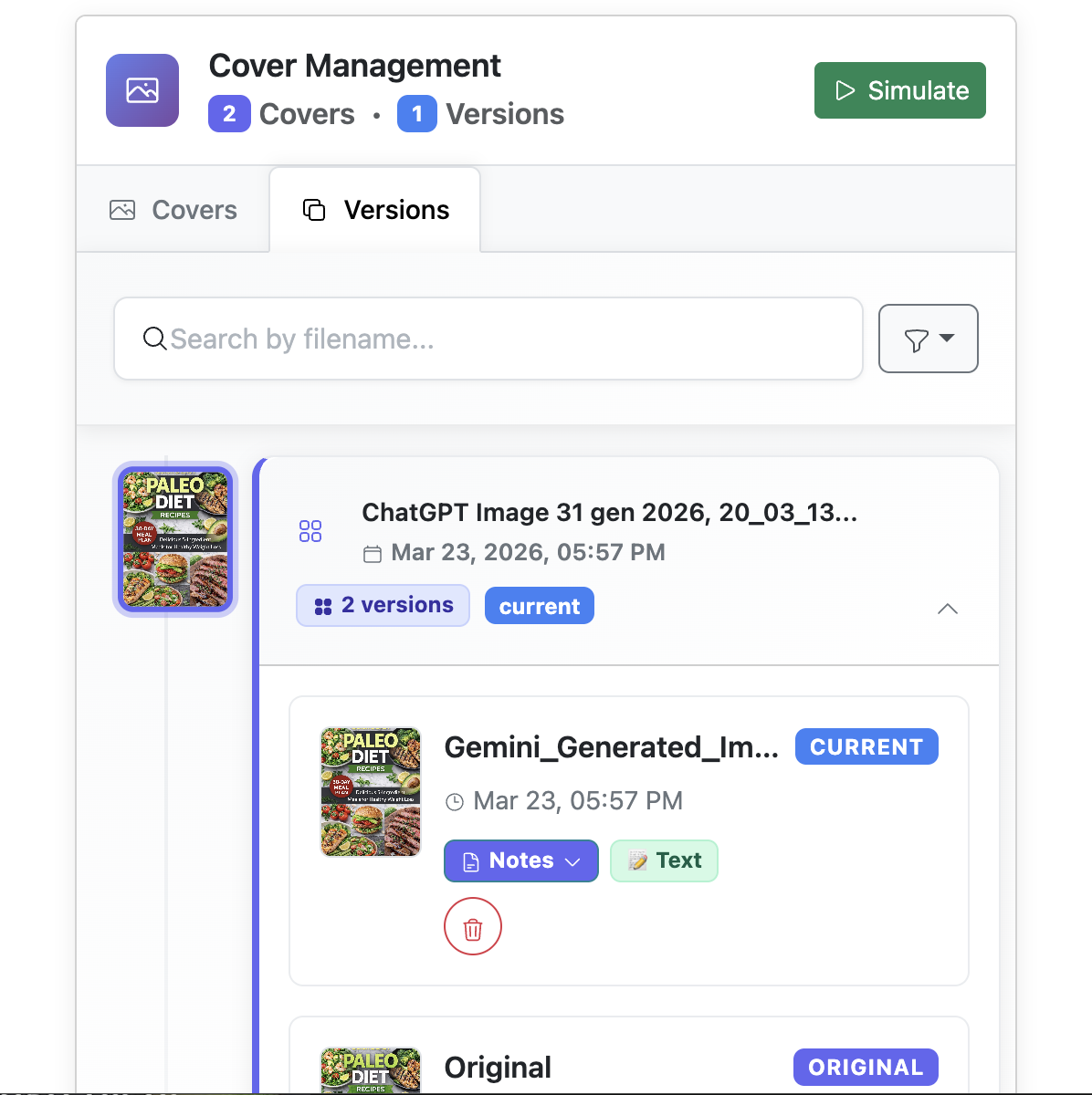 Version history with notes and comments